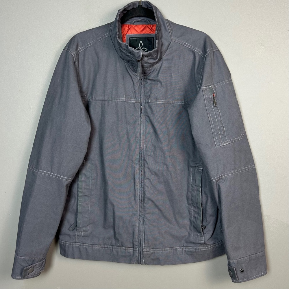 Prana Canvas Jacket Mens Medium Gray Organic Cotton Quilted Lined Bomber Rugged